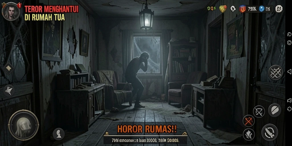 Screenshot utama 797K menampilkan suasana rumah tua yang menyeramkan.